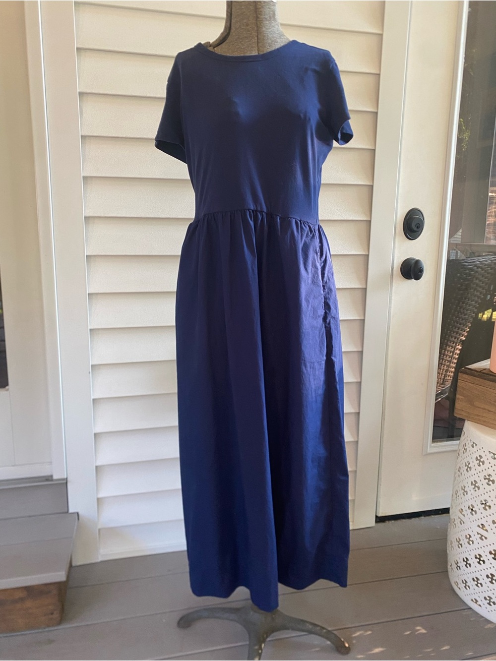 J. Crew Navy Short-Sleeve Maxi Dress with Gathered Waist